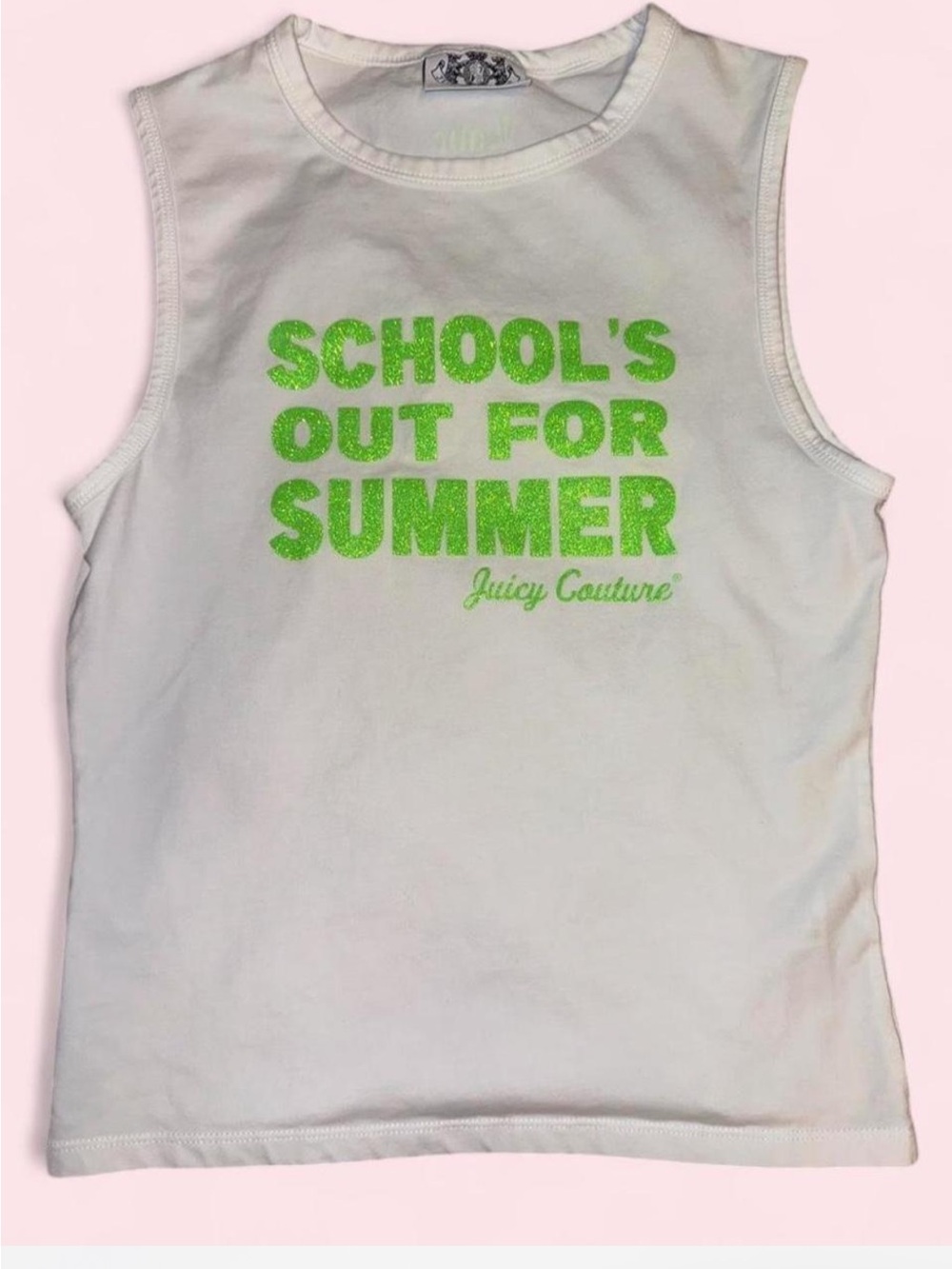 Juicy Couture White Tank Top with Neon Green Glitter "School's Out For Summer"